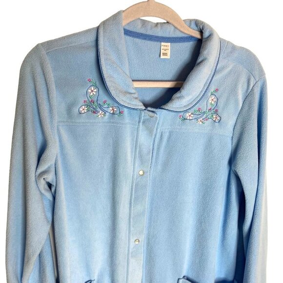 Vintage Blue Lightweight Fleece Long Robe Sz M Embroidered Pockets Snap Unworn - Picture 5 of 9